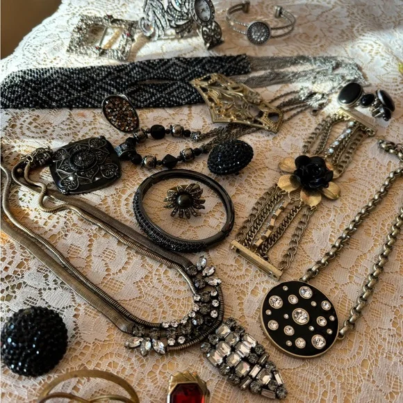 Black & Silver Vintage Necklace Collection Intricate jewelry Circa 1920s brooch